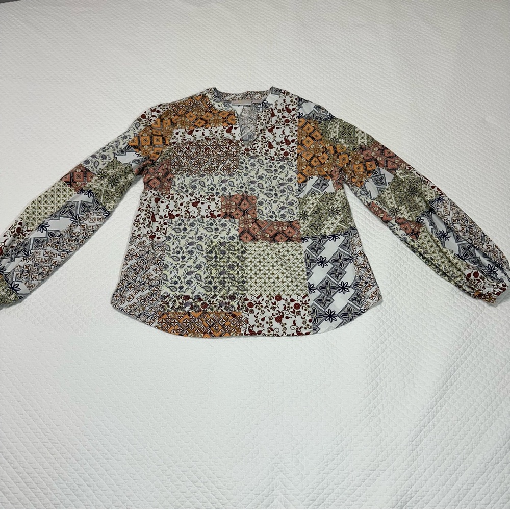 Belle Bobo by Kim Gravel Patchwork Luxe Poplin Popover Blouse Sz S